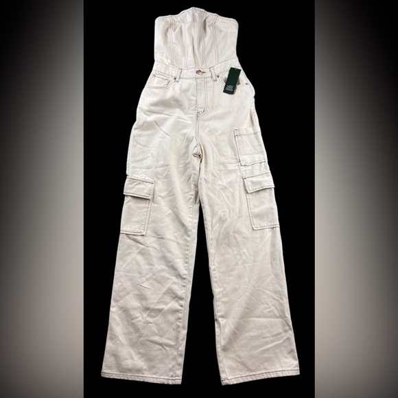 Wild Fable Natural Strapless Tube Top Cargo Wide Leg Jumpsuit One Piece Denim - Picture 3 of 5